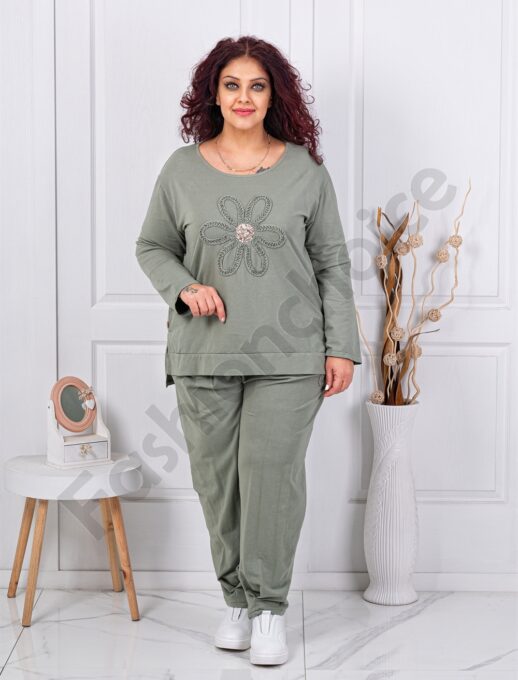 Plus size σετ με απλικέ και παγιέτες-χακί-κωδ 618581-3