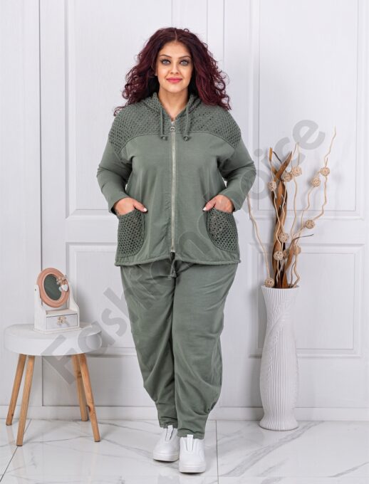 Plus size σετ φόρμας με συνδυασμός δίχτυ-χακί-κωδ 11350-1