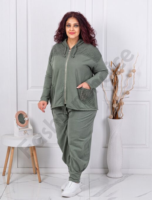 Plus size σετ φόρμας με συνδυασμός δίχτυ-χακί-κωδ 11350-1