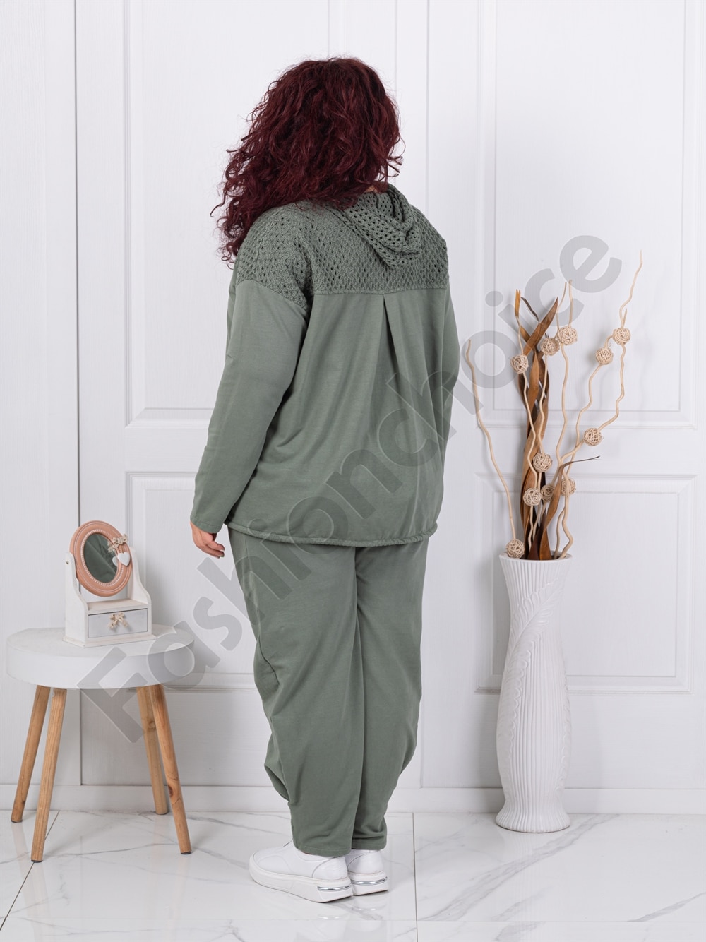 Plus size σετ φόρμας με συνδυασμός δίχτυ-χακί-κωδ 11350-1