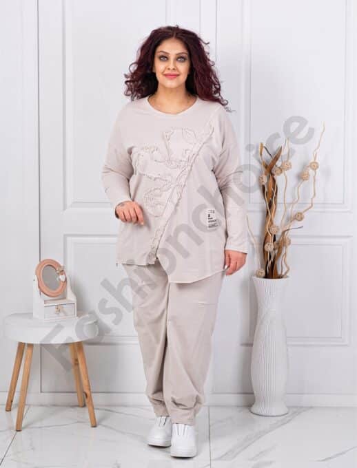 Plus size σετ φόρμας με μπλούζα ασύμμετρη-μπεζ-κωδ 261240-1