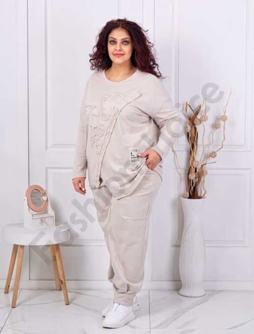 Plus size σετ φόρμας με μπλούζα ασύμμετρη-μπεζ-κωδ 261240-1
