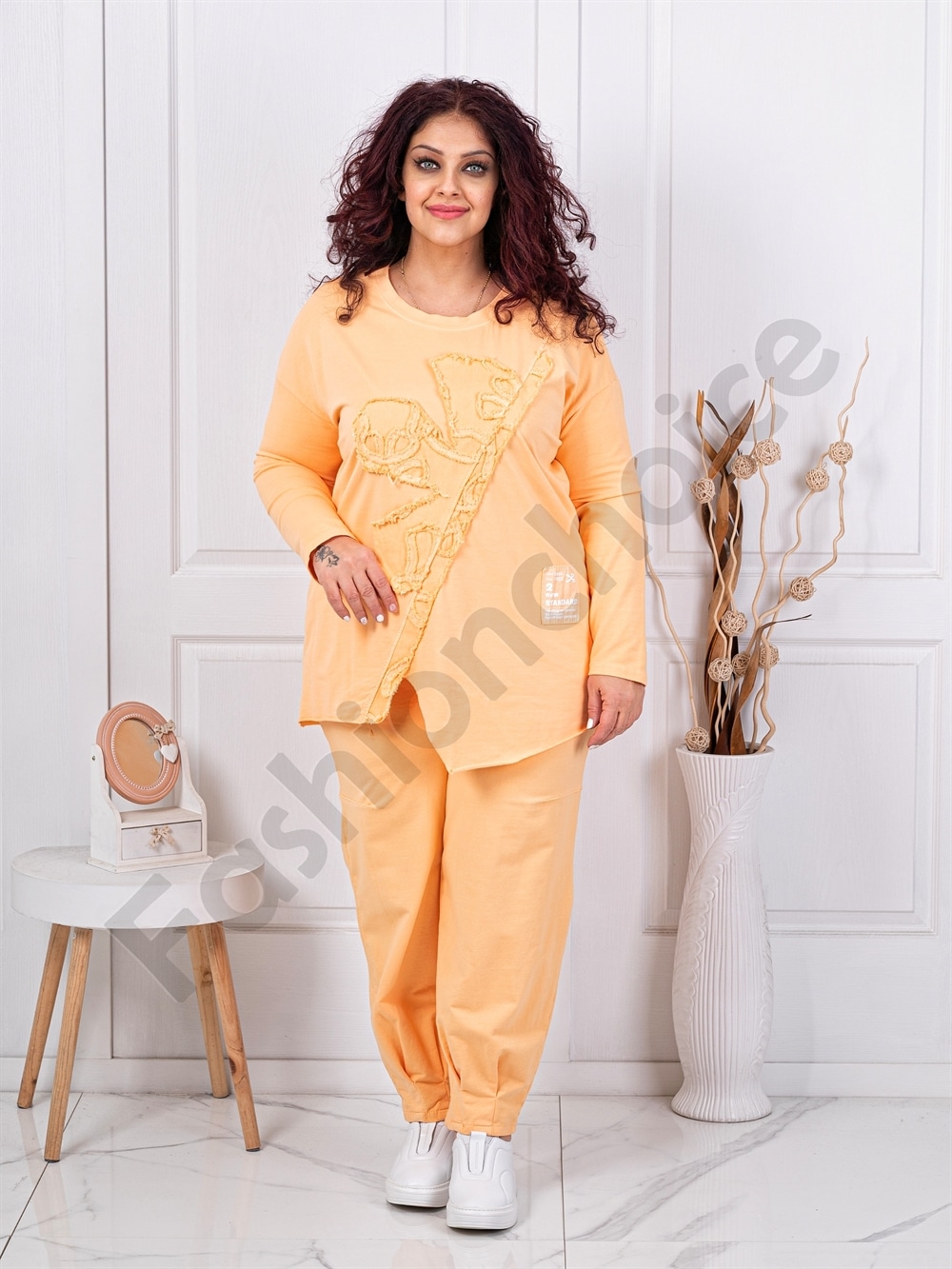 Plus size σετ φόρμας με μπλούζα ασύμμετρη-κίτρινο-κωδ 261240-5
