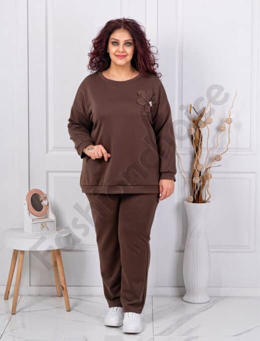 Plus size σετ φόρμας με απλικέ και στρας-καφέ-κωδ 24475-3