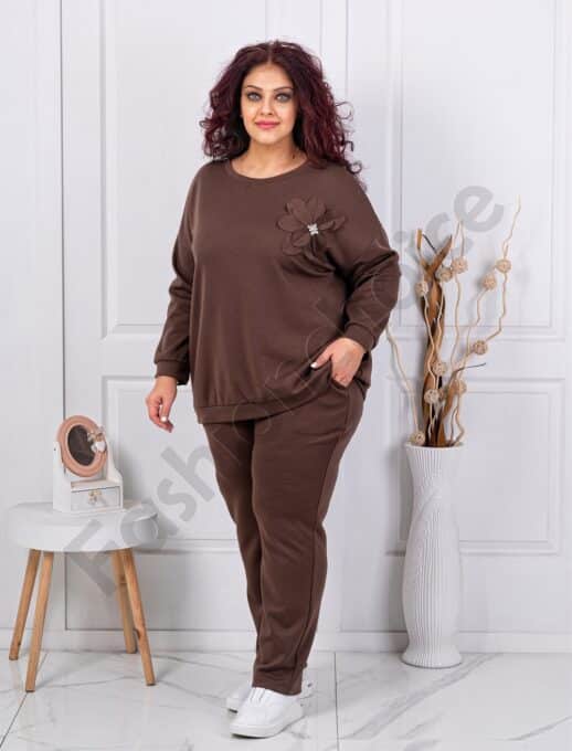 Plus size σετ φόρμας με απλικέ και στρας-καφέ-κωδ 24475-3