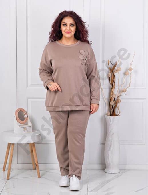 Plus size σετ φόρμας με απλικέ και στρας-μόκα-κωδ 24475-2