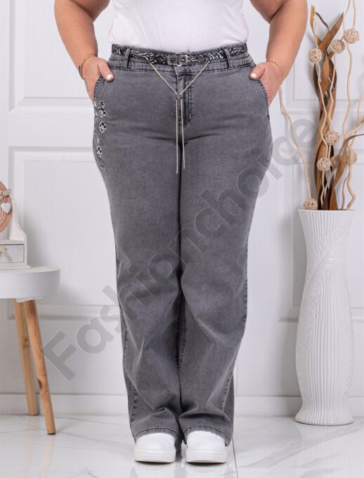 Plus size τζιν παντελόνι με κέντημα-γκρι-κωδ 7583