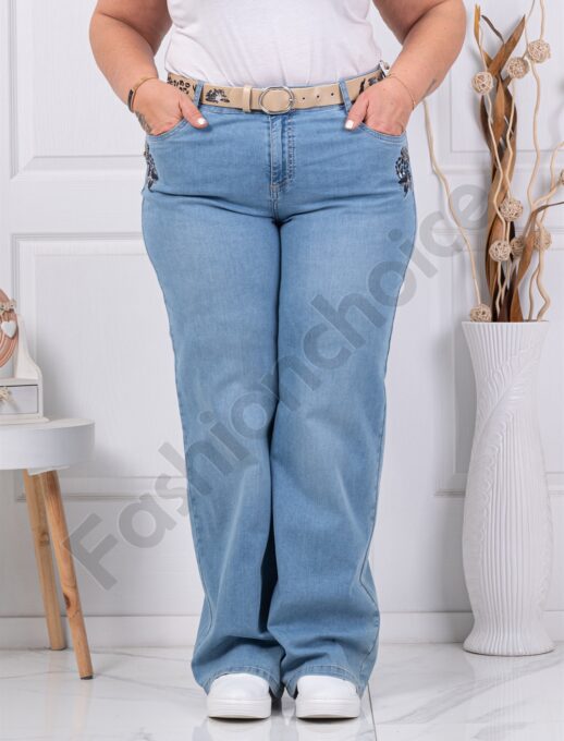 Plus size τζιν παντελόνι με κέντημα και στρας-μπλε-κωδ 7613