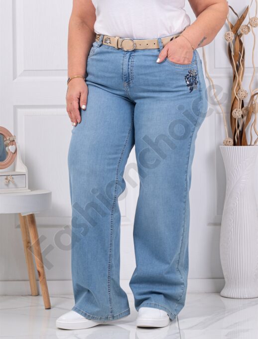 Plus size τζιν παντελόνι με κέντημα και στρας-μπλε-κωδ 7613