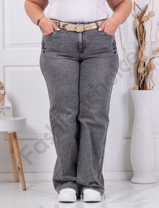 Plus size τζιν παντελόνι με κέντημα και στρας-γκρι-κωδ 7613-1