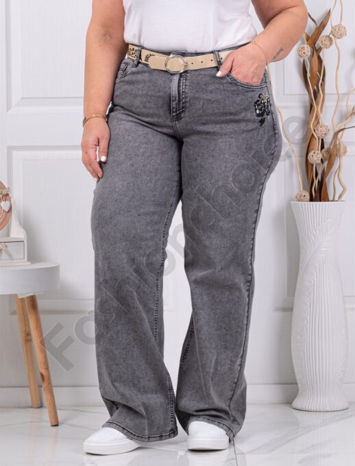 Plus size τζιν παντελόνι με κέντημα και στρας-γκρι-κωδ 7613-1