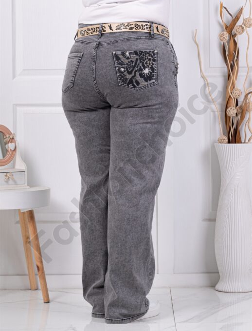 Plus size τζιν παντελόνι με κέντημα και στρας-γκρι-κωδ 7613-1
