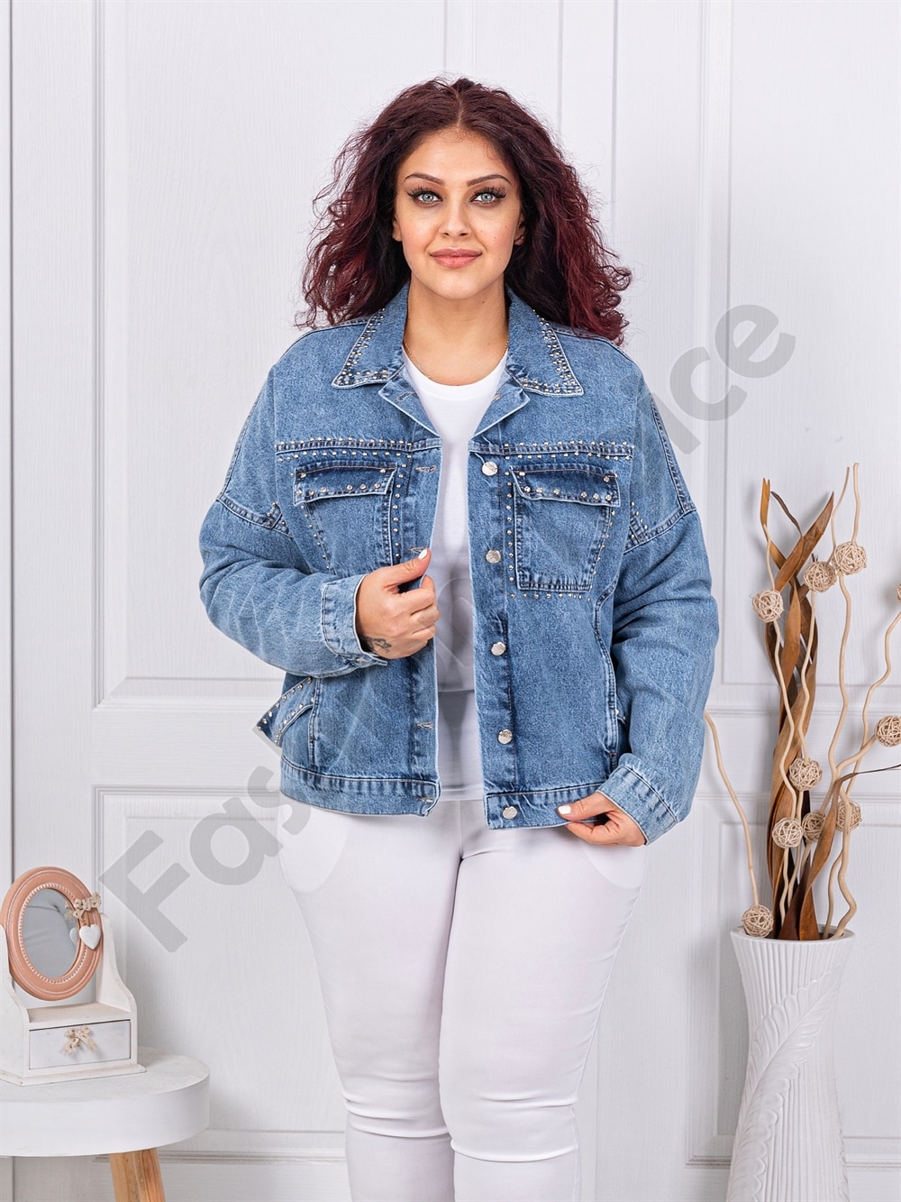 Plus size τζιν μπουφάν με στρας και τρούκς-μπλε-κωδ D7673-1