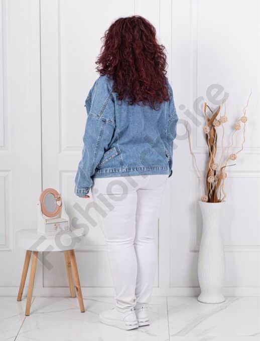 Plus size τζιν μπουφάν με στρας και τρούκς-μπλε-κωδ D7673-1