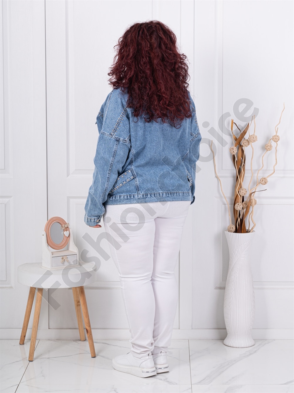 Plus size τζιν μπουφάν με στρας και τρούκς-μπλε-κωδ D7673-1
