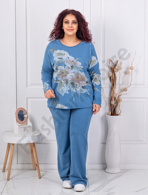 Plus size σετ φόρμας με φλοράλ σχέδιο-μπλε-κωδ 261240-3