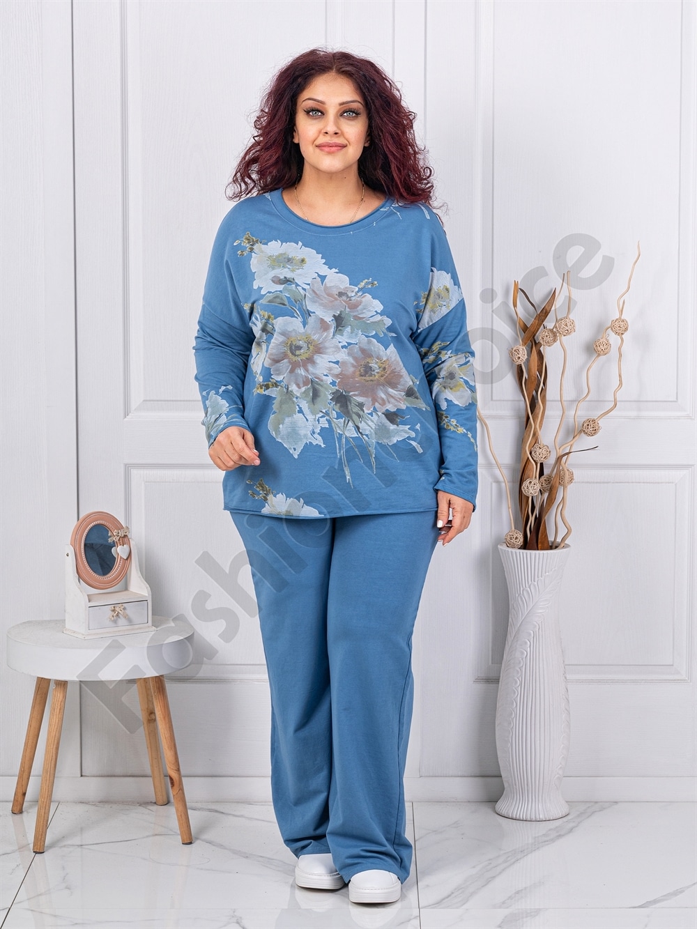 Plus size σετ φόρμας με φλοράλ σχέδιο-μπλε-κωδ 261240-3
