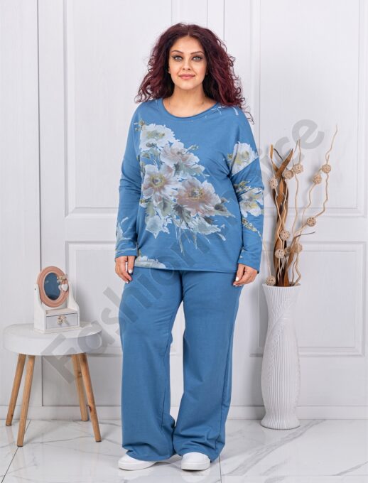 Plus size σετ φόρμας με φλοράλ σχέδιο-μπλε-κωδ 261240-3