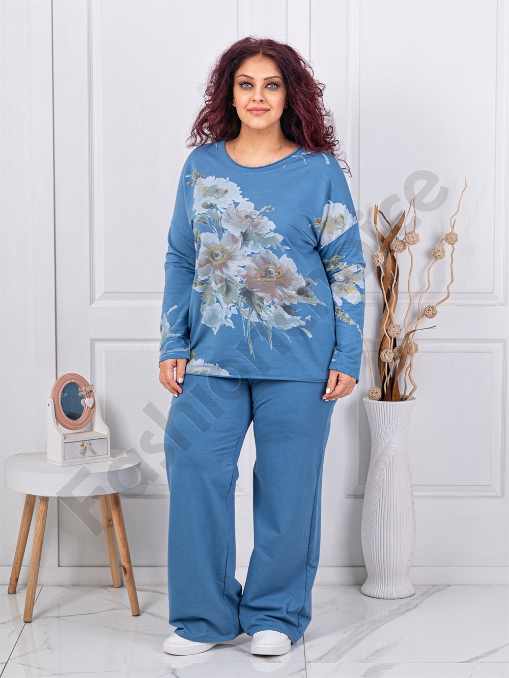 Plus size σετ φόρμας με φλοράλ σχέδιο-μπλε-κωδ 261240-3