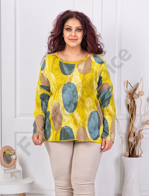 Plus size μπλούζα με τύπωμα κύκλους-μουσταρδί-κωδ 261238-5