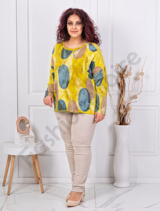 Plus size μπλούζα με τύπωμα κύκλους-μουσταρδί-κωδ 261238-5