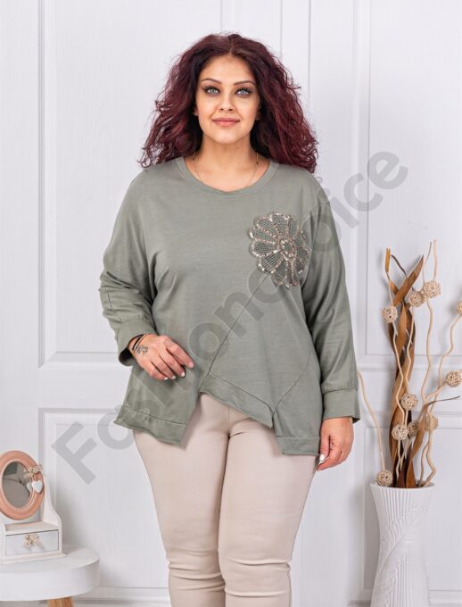 Plus size ασύμμετρη μπλούζα με απλικέ παγιέτες-χακί-κωδ 261239-1