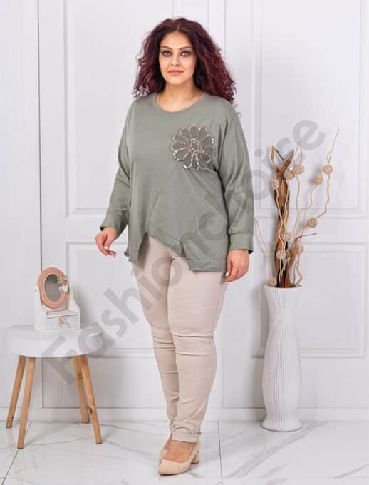 Plus size ασύμμετρη μπλούζα με απλικέ παγιέτες-χακί-κωδ 261239-1