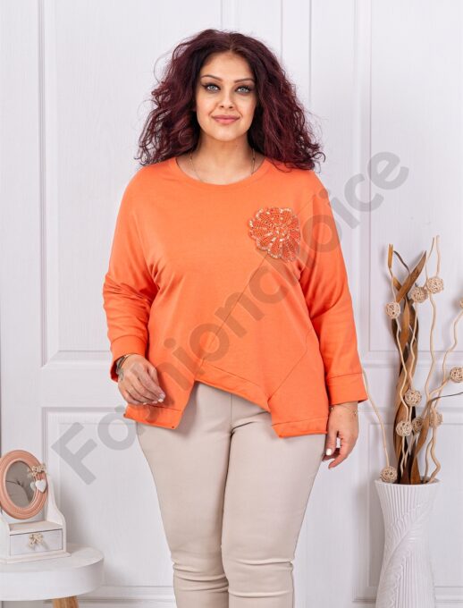 Plus size ασύμμετρη μπλούζα με απλικέ παγιέτες-πορτοκαλί-κωδ 261239-2