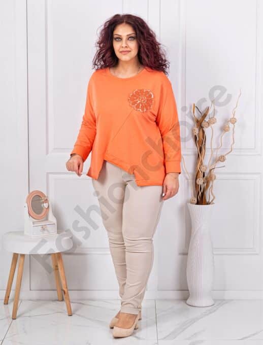 Plus size ασύμμετρη μπλούζα με απλικέ παγιέτες-πορτοκαλί-κωδ 261239-2