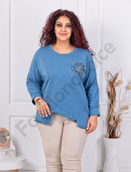 Plus size ασύμμετρη μπλούζα με απλικέ παγιέτες-μπλε-κωδ 261239-3