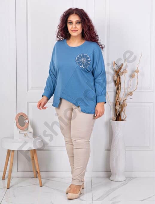 Plus size ασύμμετρη μπλούζα με απλικέ παγιέτες-μπλε-κωδ 261239-3