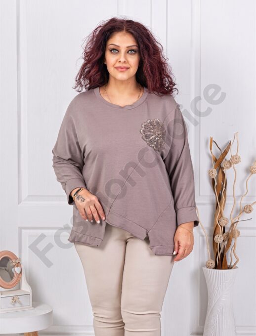 Plus size ασύμμετρη μπλούζα με απλικέ παγιέτες-μόκα-κωδ 261239-4