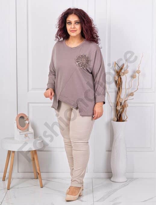 Plus size ασύμμετρη μπλούζα με απλικέ παγιέτες-μόκα-κωδ 261239-4