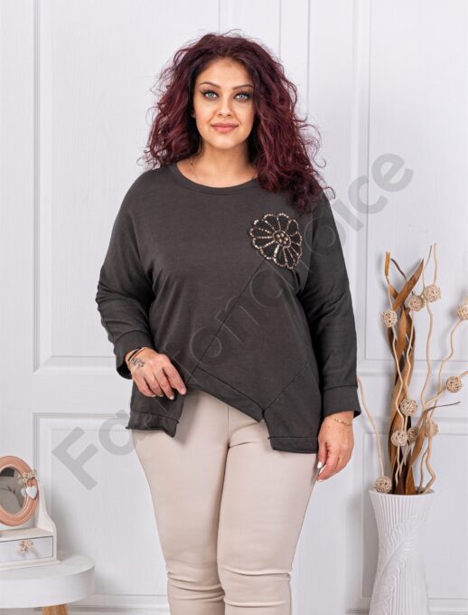 Plus size ασύμμετρη μπλούζα με απλικέ παγιέτες-καφέ-κωδ 261239-5