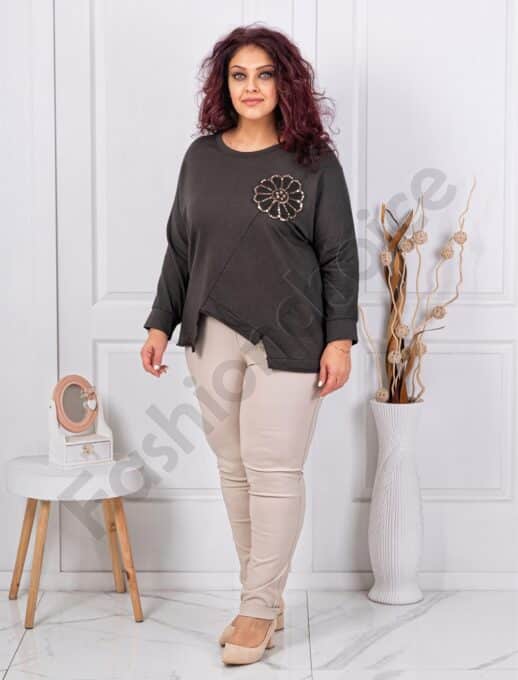 Plus size ασύμμετρη μπλούζα με απλικέ παγιέτες-καφέ-κωδ 261239-5