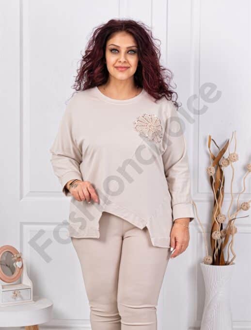 Plus size ασύμμετρη μπλούζα με απλικέ παγιέτες-μπεζ-κωδ 261239-7
