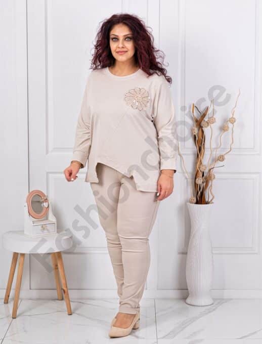 Plus size ασύμμετρη μπλούζα με απλικέ παγιέτες-μπεζ-κωδ 261239-7