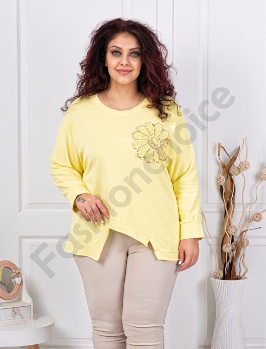 Plus size ασύμμετρη μπλούζα με απλικέ παγιέτες-κίτρινο-κωδ 261239-8
