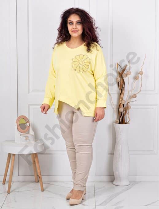 Plus size ασύμμετρη μπλούζα με απλικέ παγιέτες-κίτρινο-κωδ 261239-8