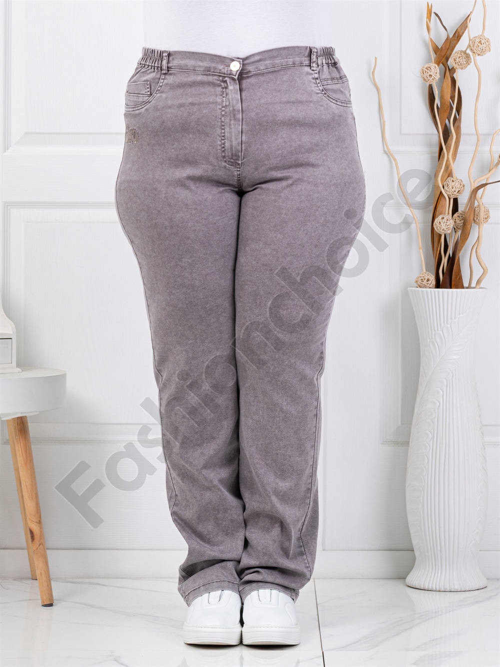 Plus size γυναικείο τζιν με ελαστική μέση-μόκα-κωδ 8903-2