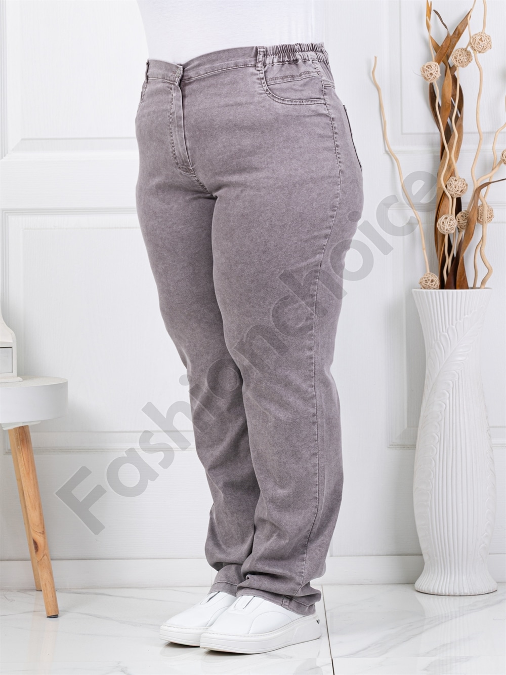Plus size γυναικείο τζιν με ελαστική μέση-μόκα-κωδ 8903-2