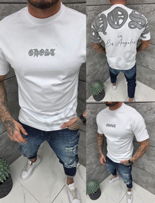 T-shirt με τύπωμα στην πλάτη-λευκό-κωδ 25103-2