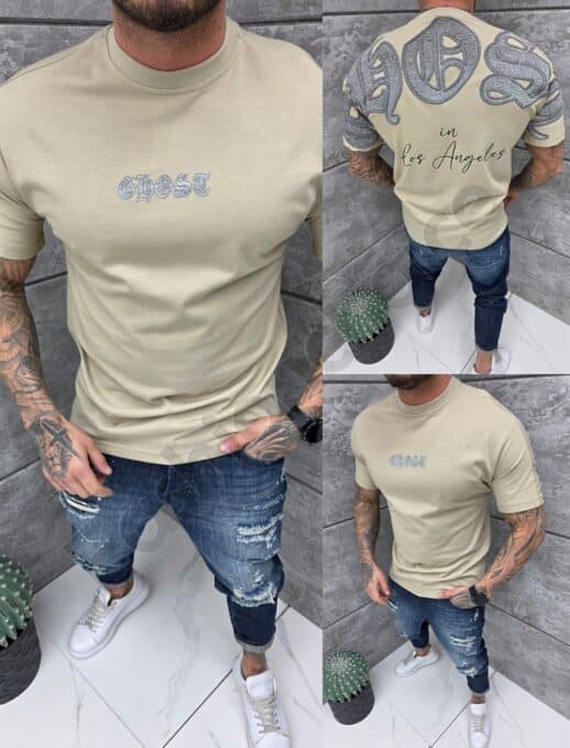 T-shirt με τύπωμα στην πλάτη-μπεζ-κωδ 25103-1