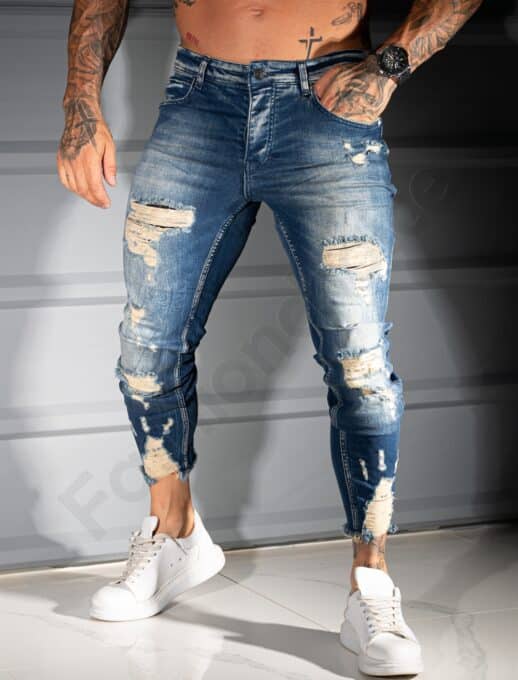 Ανδρικό τζιν παντελόνι Skinny με σκισίματα-μπλε-κωδ 4923