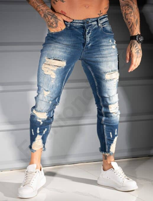 Ανδρικό τζιν παντελόνι Skinny με σκισίματα-μπλε-κωδ 4923