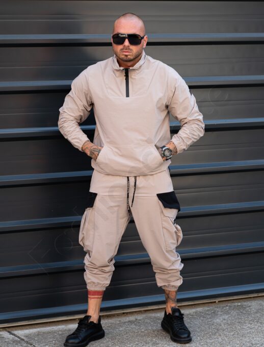 Ανδρικό cargo σετ με hoodie τεχνικό ύφασμα-μπεζ-κωδ 7115-1