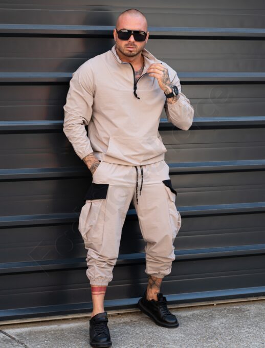 Ανδρικό cargo σετ με hoodie τεχνικό ύφασμα-μπεζ-κωδ 7115-1