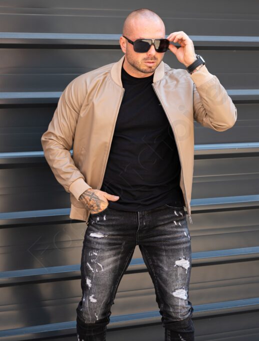 Bomber τζάκετ με δερμάτινη υφή-μπεζ-κωδ 2443-1