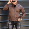 Bomber τζάκετ με δερμάτινη υφή-καφέ-κωδ 2443-3