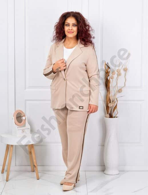 Plus size casual σετ σακάκι-παντελόνι-μπεζ-κωδ 1467-1